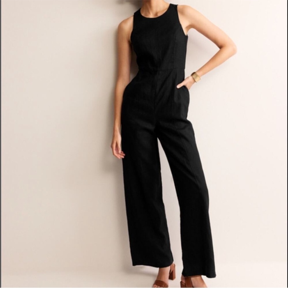 New Boden Carla 100% Linen Jumpsuit Black With Pockets Sleeveless Womens size 2R